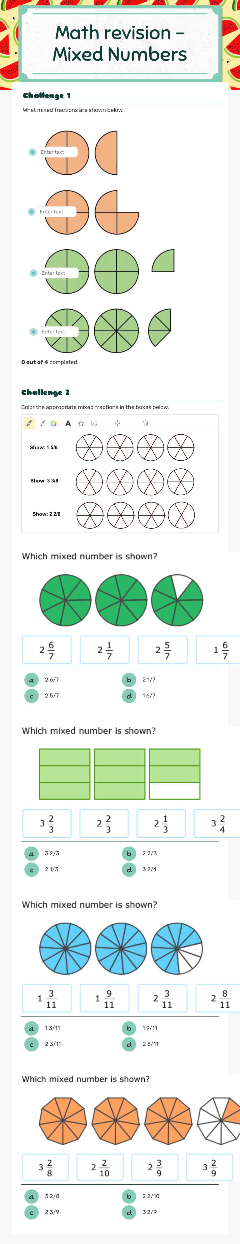 Math revision - Mixed Numbers worksheet preview image