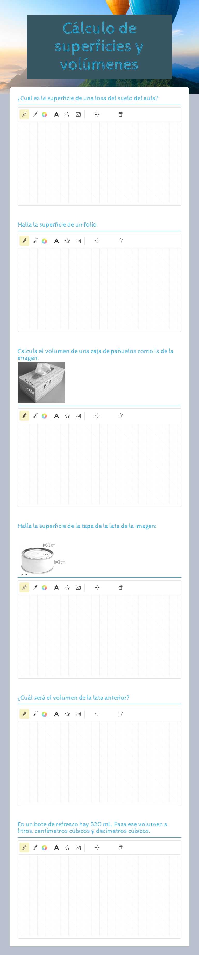 Cálculo de superficies y volúmenes worksheet preview image