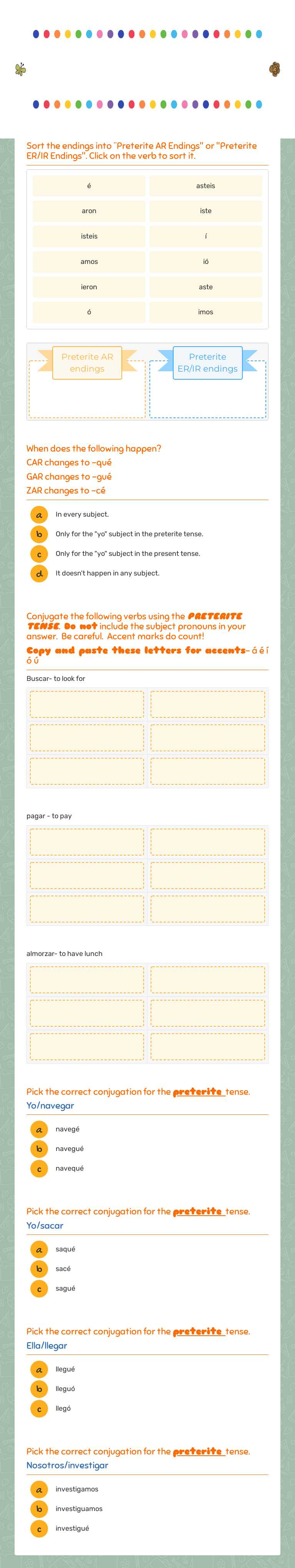 Preterite Tense (Regular verbs &   -car, -gar, -zar) worksheet preview image