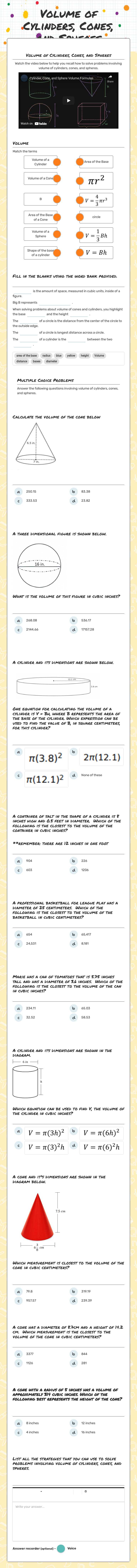 Volume of Cylinders, Cones, and Spheres Grade 8 worksheet preview