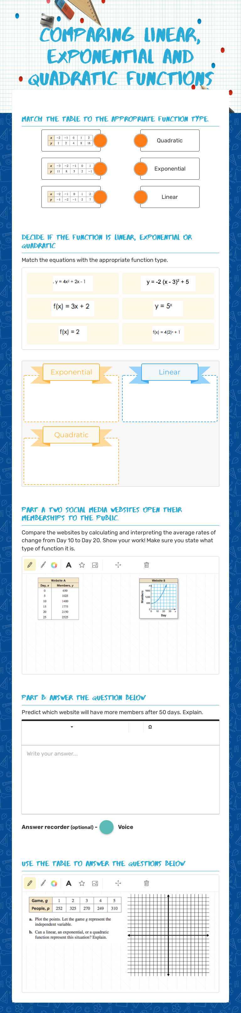 Comparing Linear, Exponential and Quadratic Functions worksheet preview image