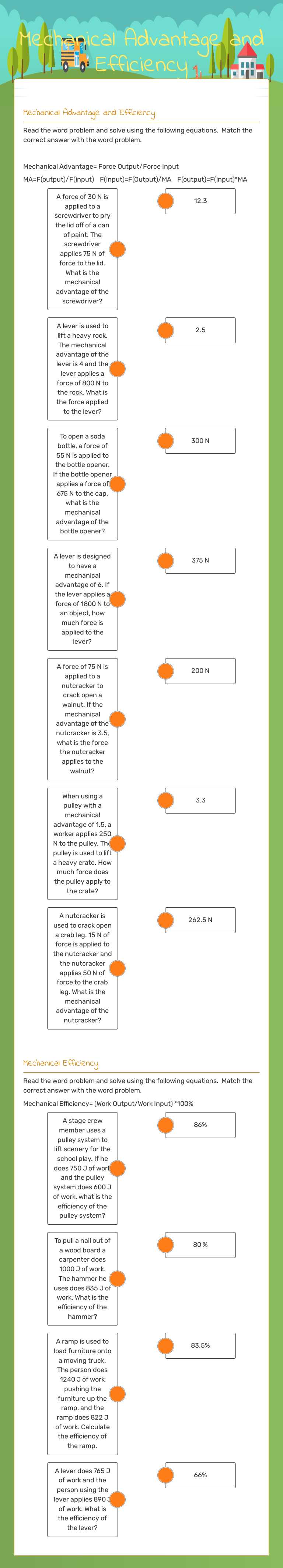 Mechanical Advantage and Efficiency worksheet preview image