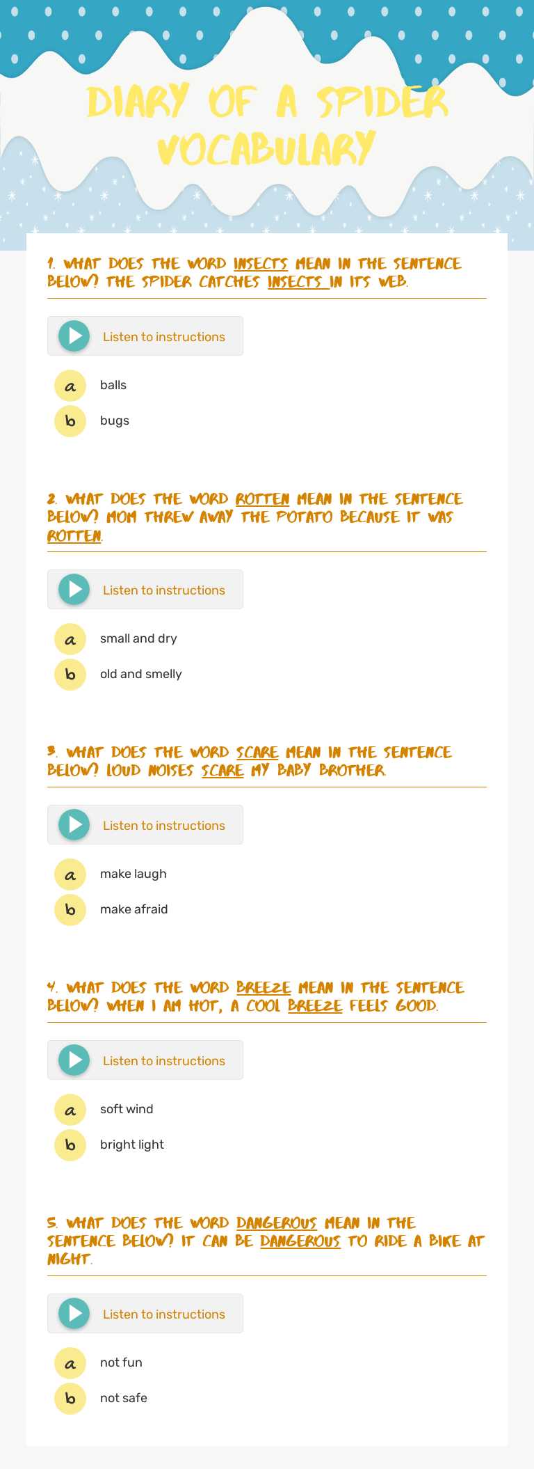 Diary of A Spider Vocabulary worksheet preview image