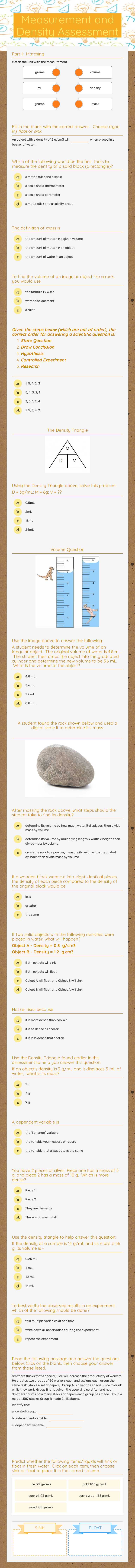 Measurement and Density Assessment worksheet preview image