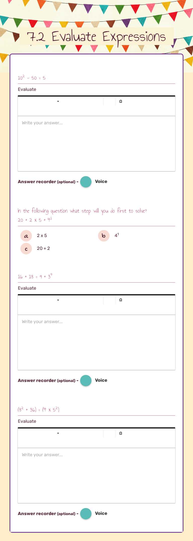 7.2 Evaluate Expressions worksheet preview image