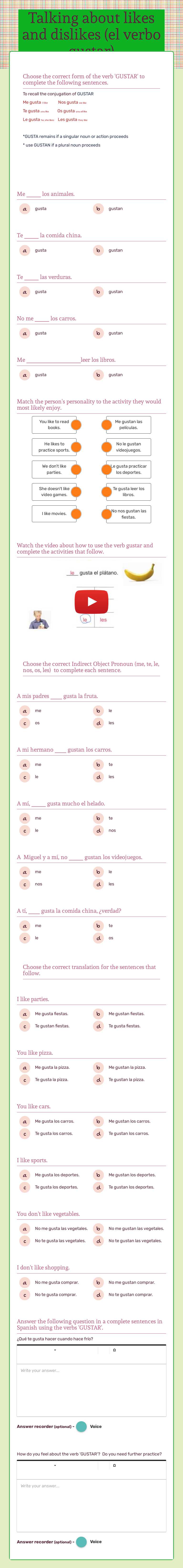 Talking about likes and dislikes (el verbo gustar) worksheet preview image