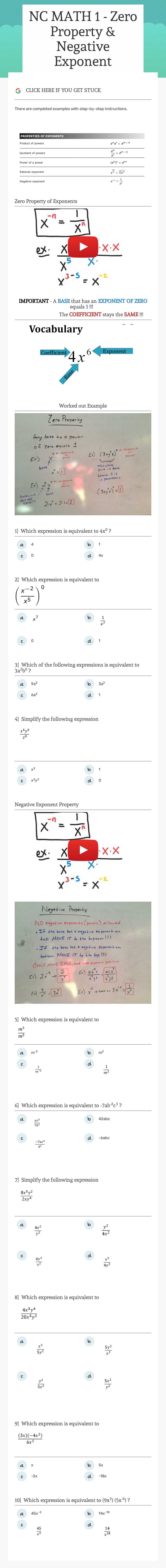 NC MATH 1 - Zero Property & Negative Exponent Grade 9 worksheet preview