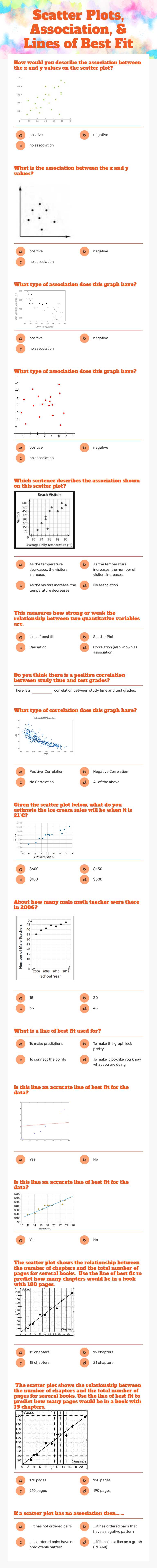 Scatter Plots, Association, & Lines of Best Fit worksheet preview image