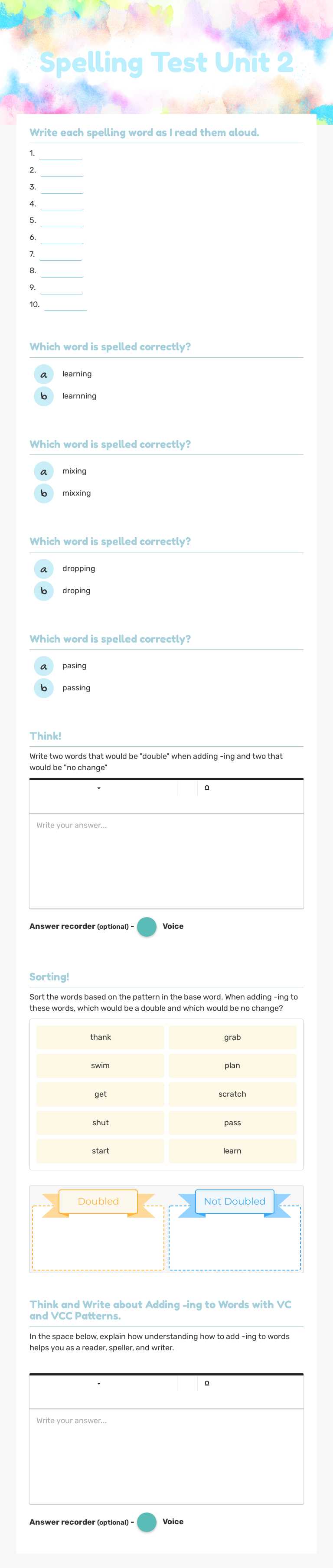 Spelling Test 
Unit 2 Grade 3 worksheet preview