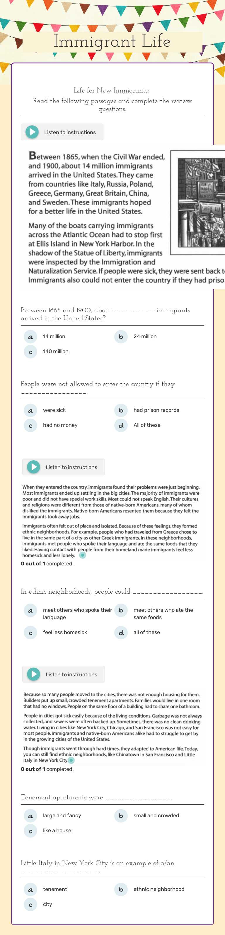 Immigrant Life Grade 7 worksheet preview