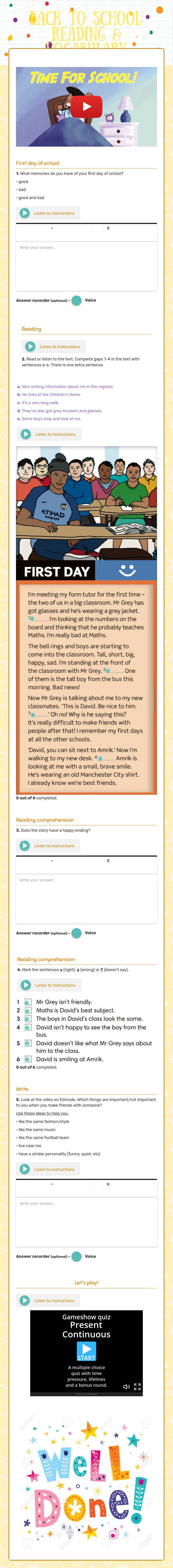 Back to school: Reading & Vocabulary worksheet preview image