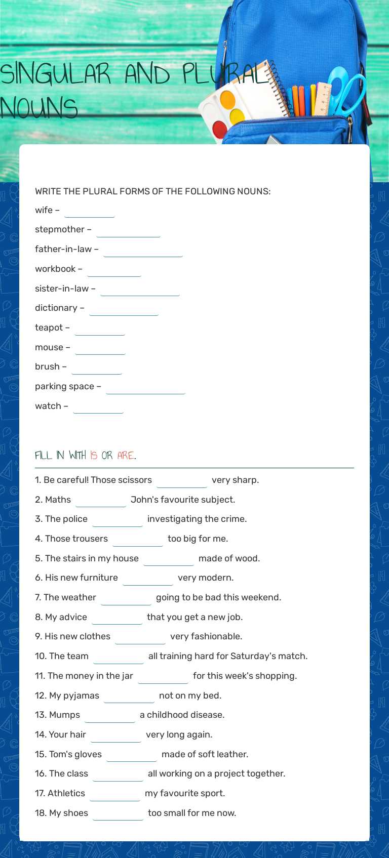 SINGULAR AND PLURAL NOUNS worksheet preview image