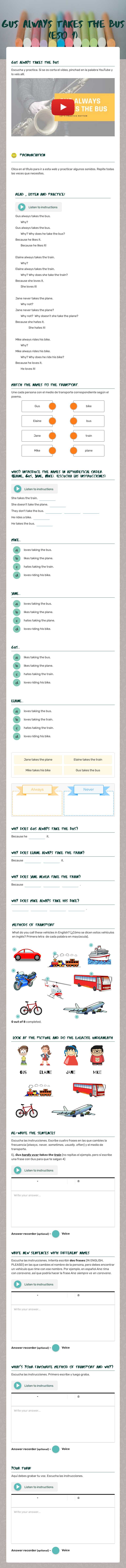 Gus always takes the bus (ESO 1) worksheet preview image