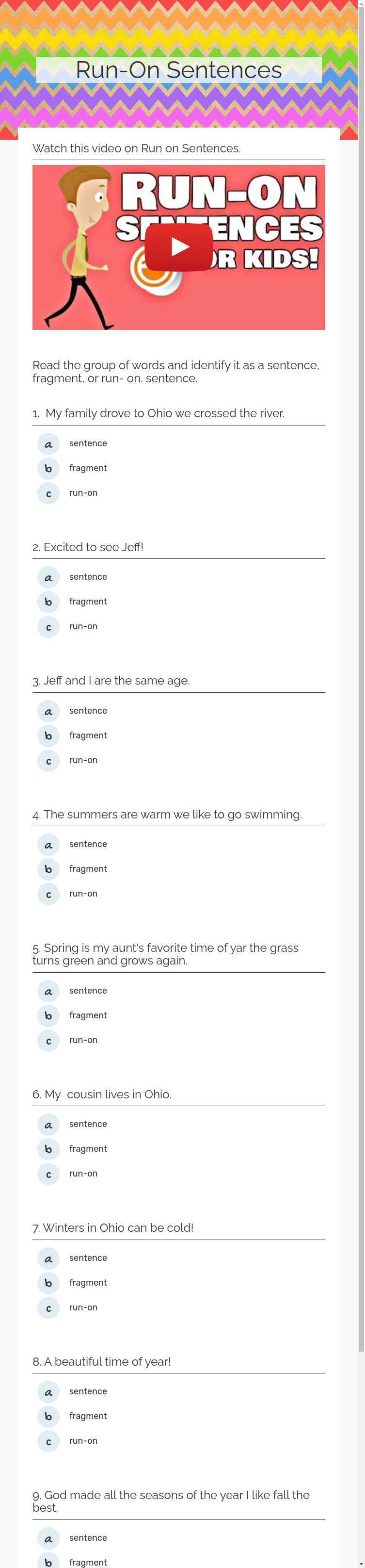 Run-On Sentences Grade 2 worksheet preview