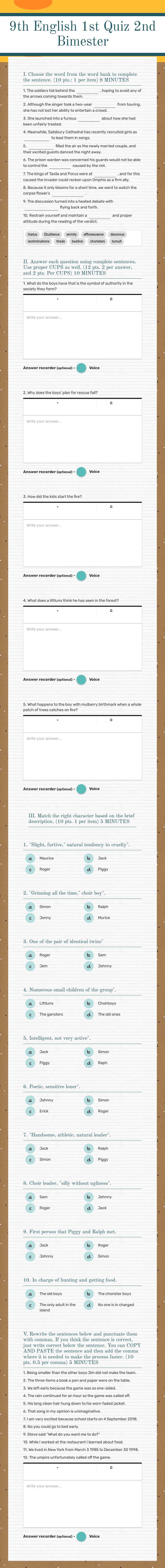 9th  English 1st Quiz 2nd Bimester worksheet preview image