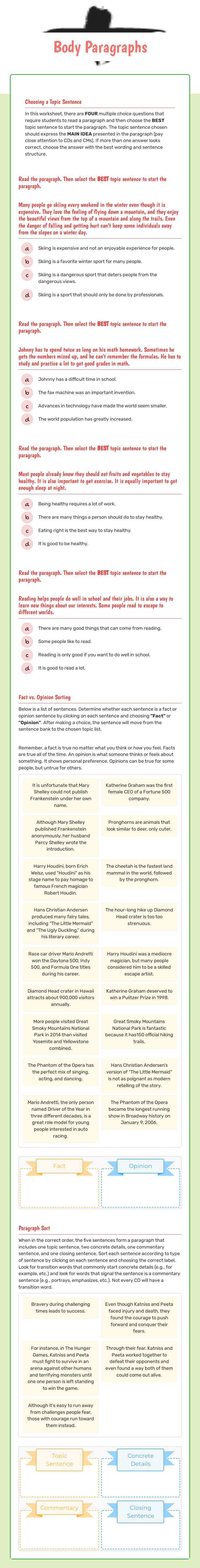 Body Paragraphs worksheet preview image