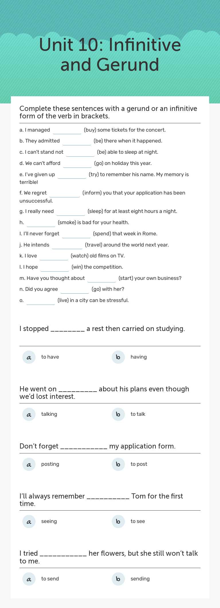 Unit 10: Infinitive and Gerund Other worksheet preview