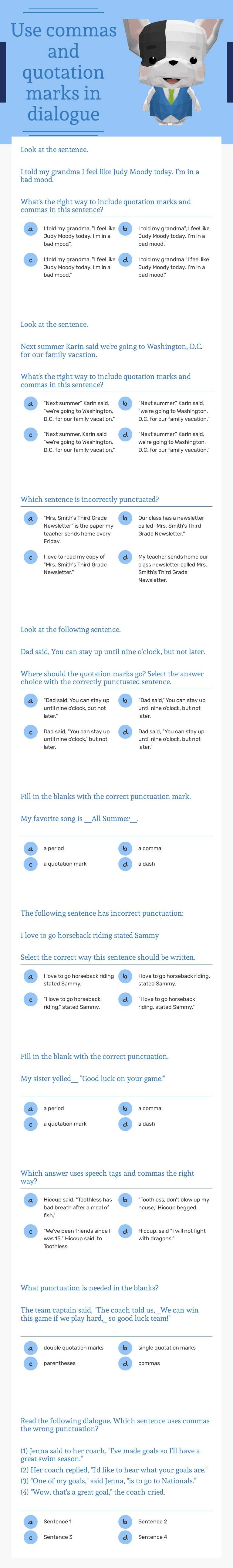 Use commas and quotation marks in dialogue worksheet preview image