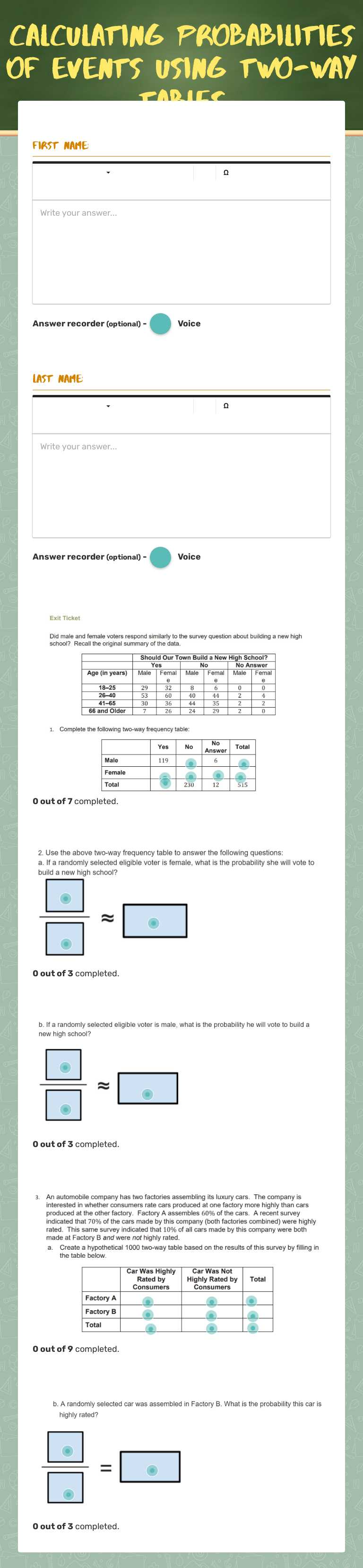 Calculating Probabilities of events using two-way tables worksheet preview image