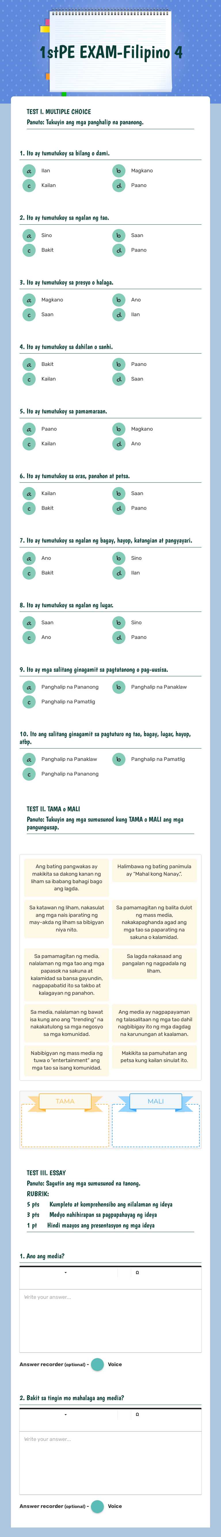 1stPE EXAM-Filipino 4 worksheet preview image