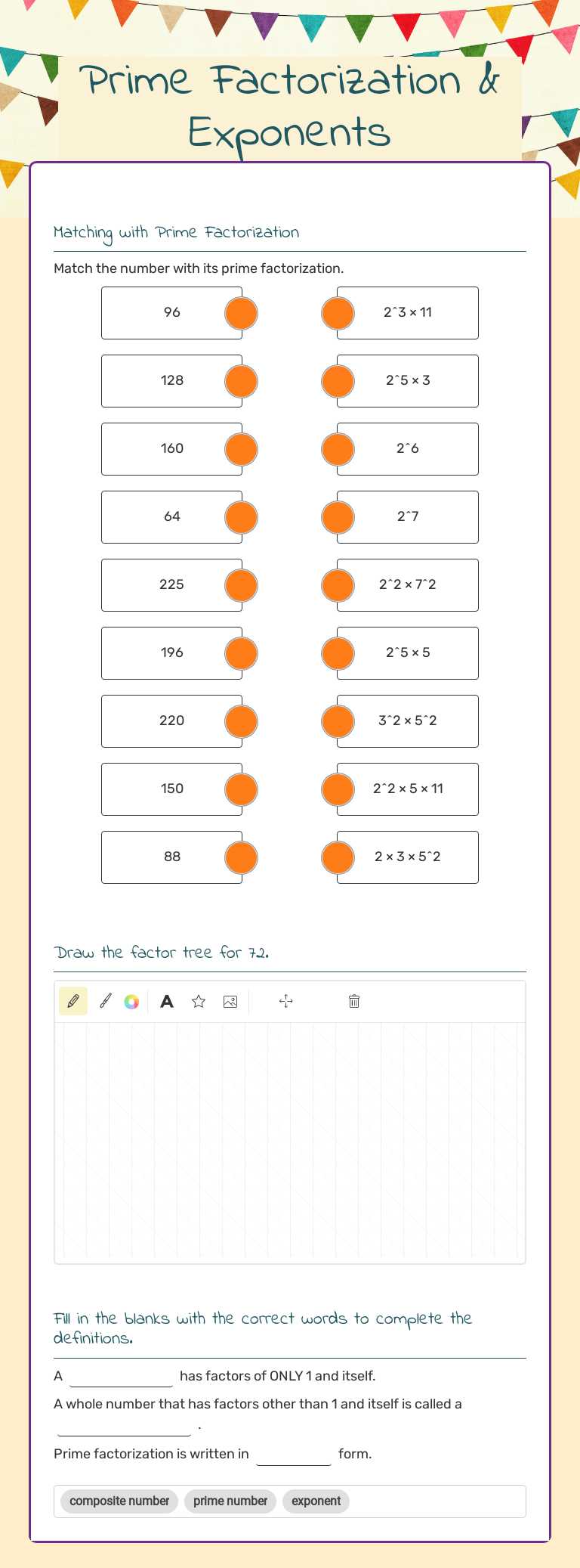 Prime Factorization & Exponents Grade 6 worksheet preview