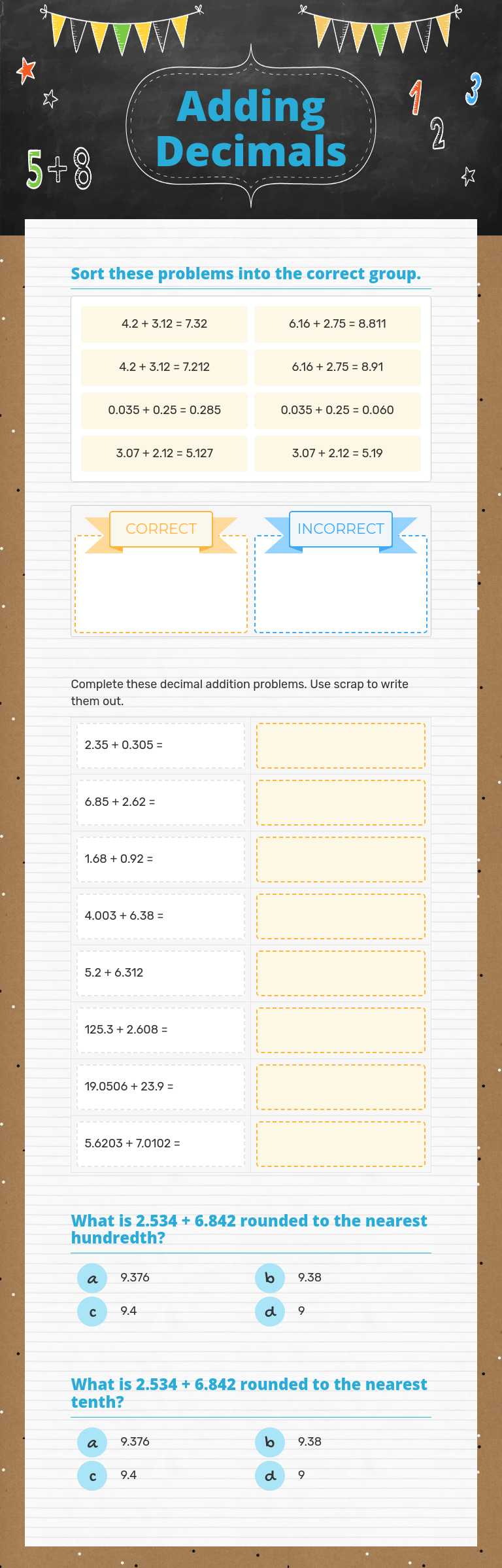 Adding Decimals worksheet preview image
