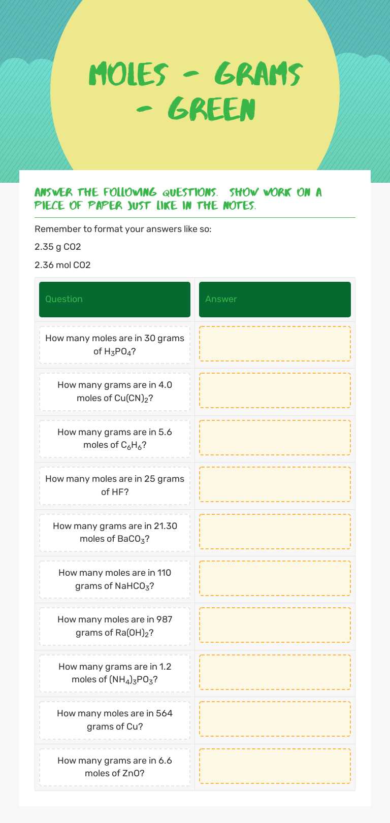 Moles - grams - Green worksheet preview image