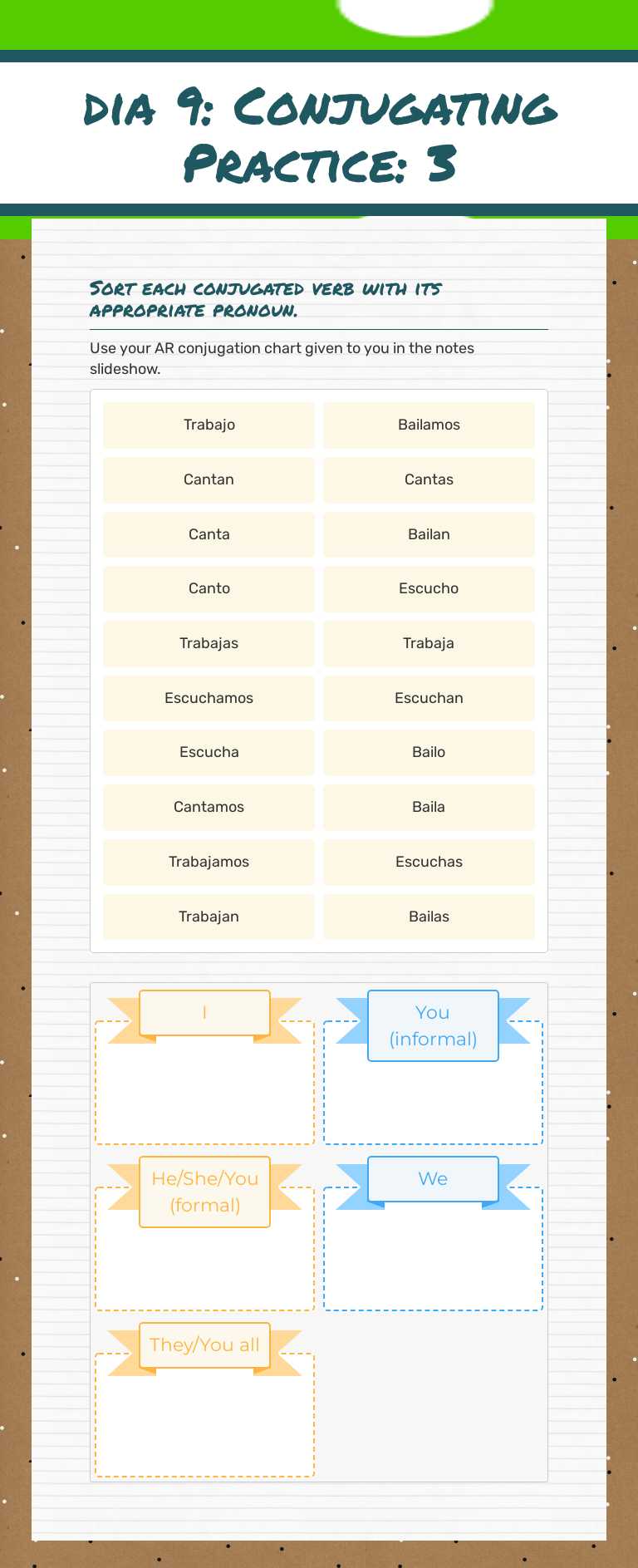 dia 9: Conjugating Practice: 3 worksheet preview image