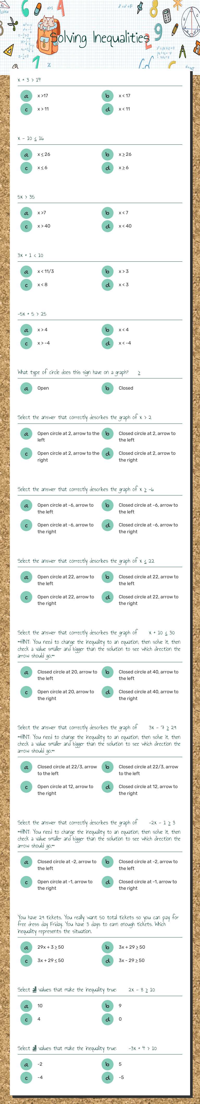 Solving Inequalities worksheet preview image