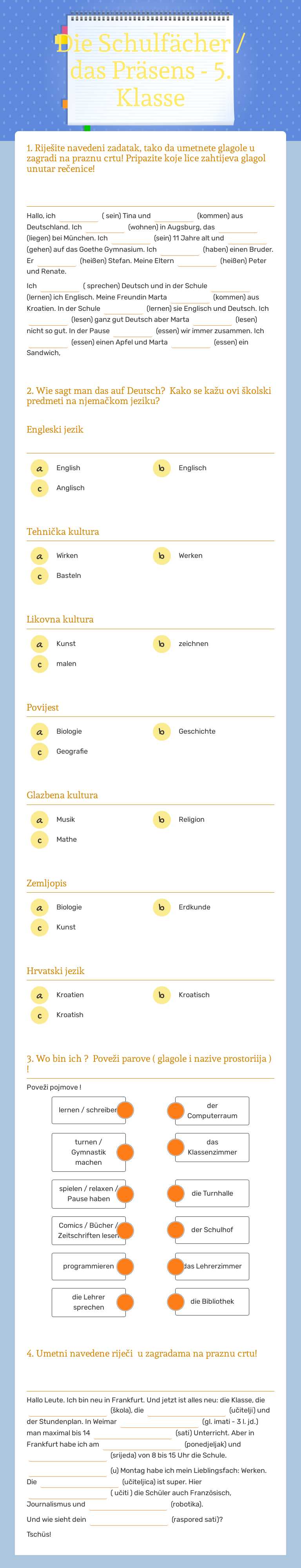 Die Schulfächer / das Präsens - 5. Klasse worksheet preview image