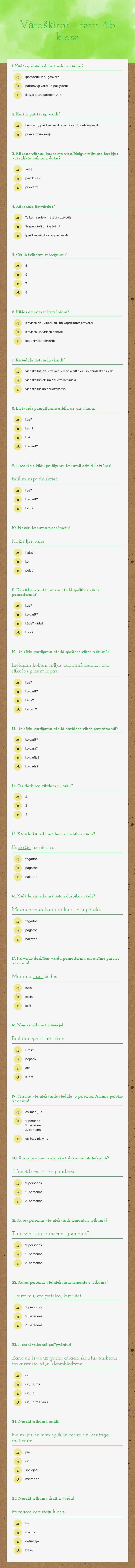 Vārdšķiras - tests 4.b klase worksheet preview
