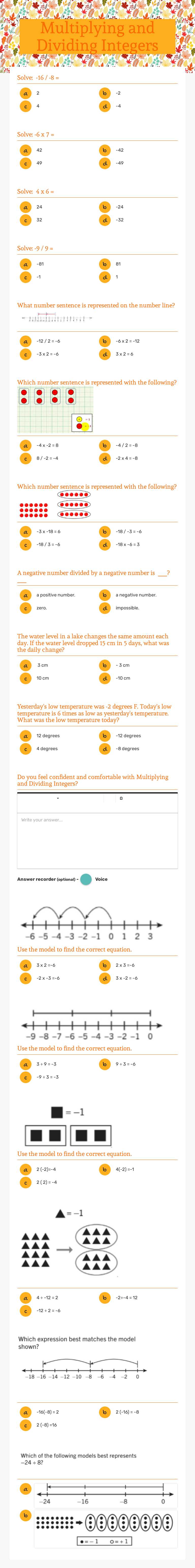 Multiplying and Dividing Integers Grade 6 worksheet preview