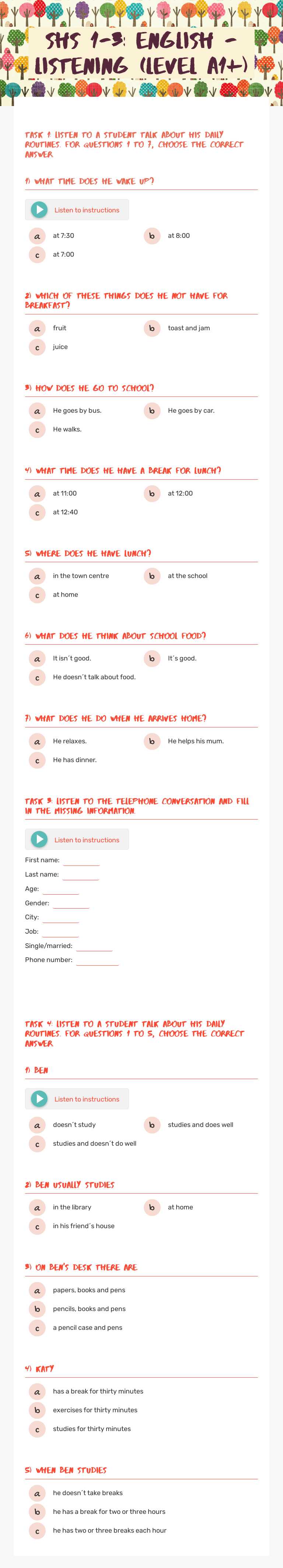 SHS 1: English - listening (level A1+) worksheet preview image