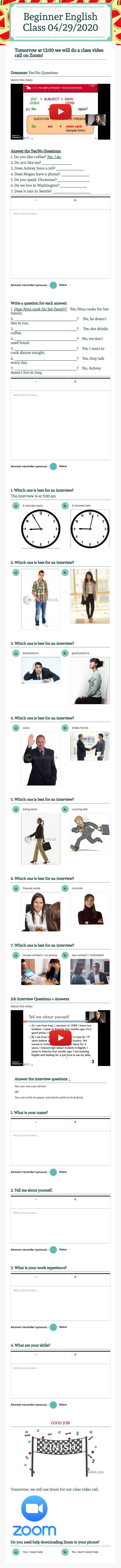 Beginner English Class 04/29/2020 worksheet preview image