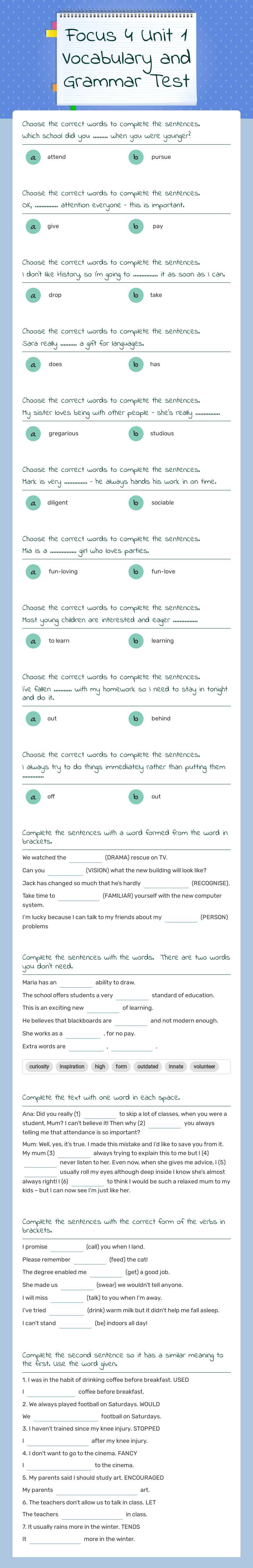 Focus 4 Unit 1 Vocabulary and Grammar Test worksheet preview image