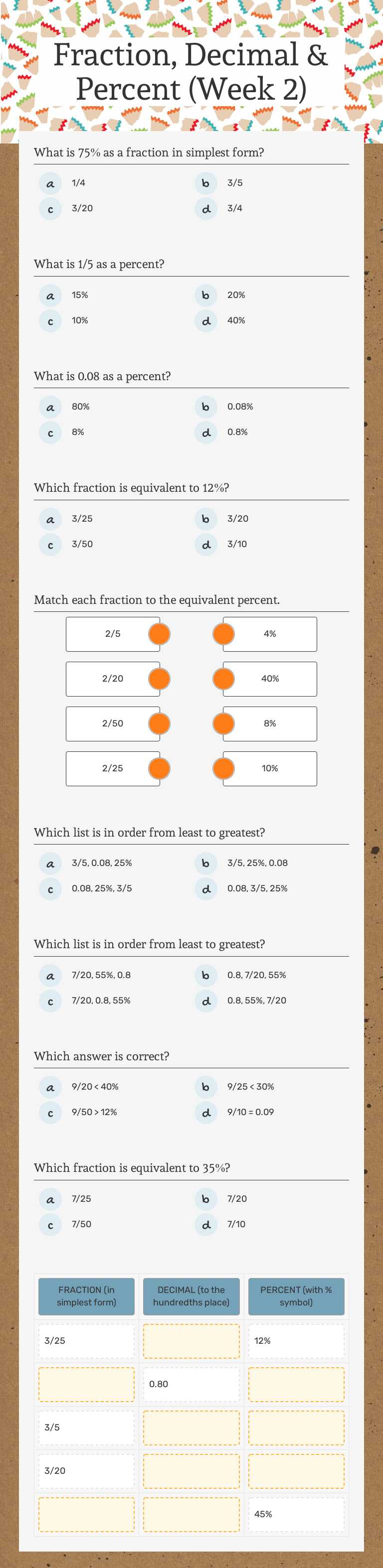 Fraction, Decimal & Percent  (Week 2) worksheet preview image