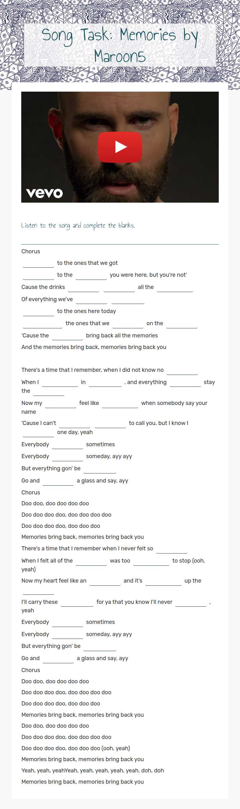 Song Task: Memories by Maroon5 worksheet preview image