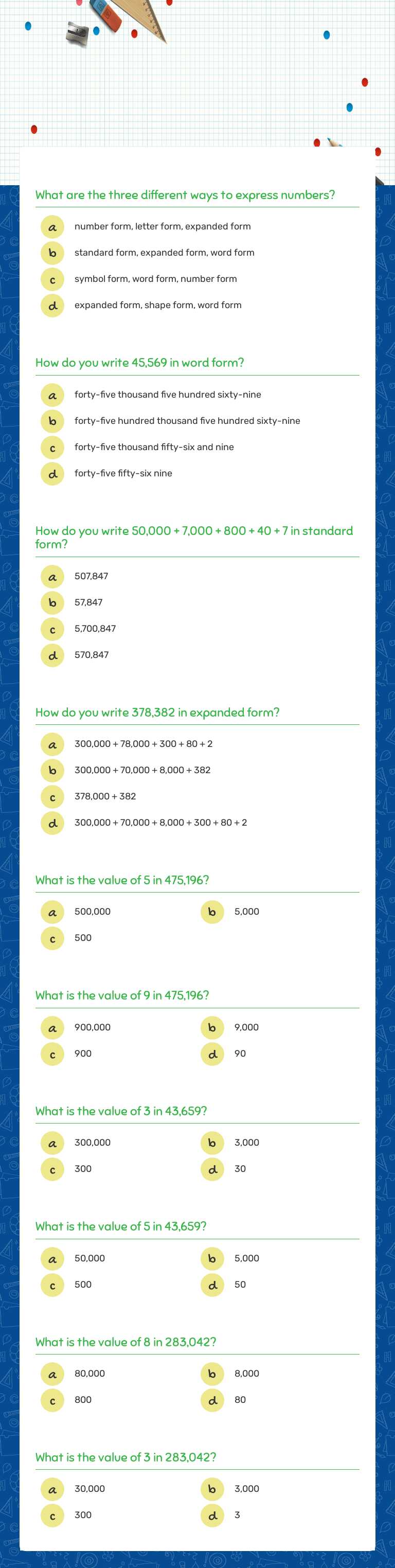 Place value: Assessment Grade 4 worksheet preview