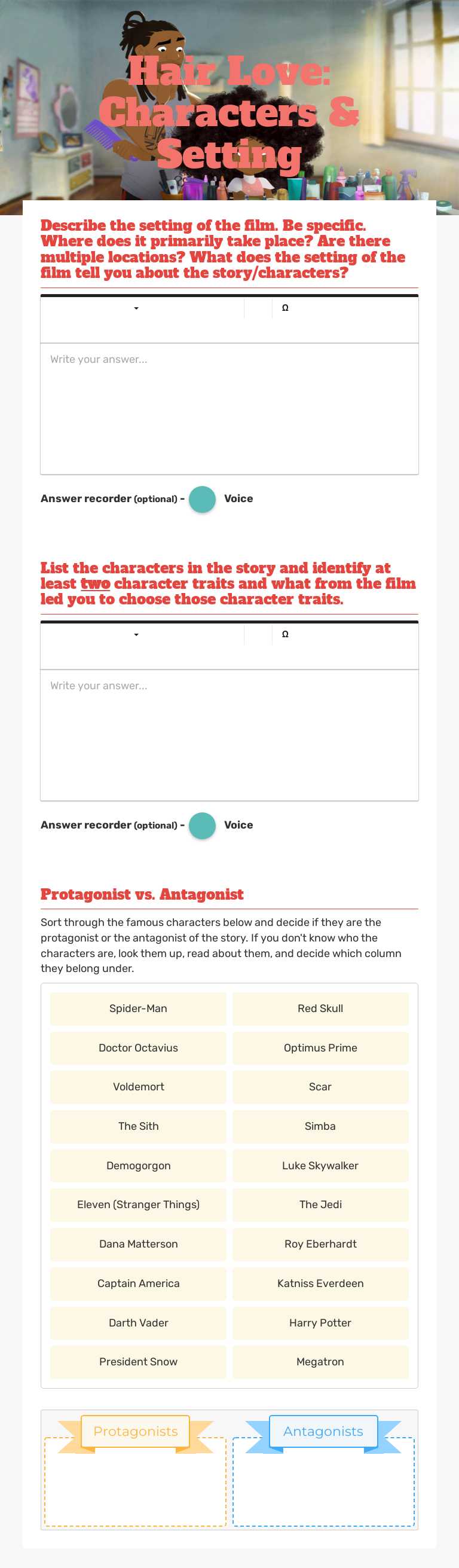 Hair Love: Characters & Setting worksheet preview image
