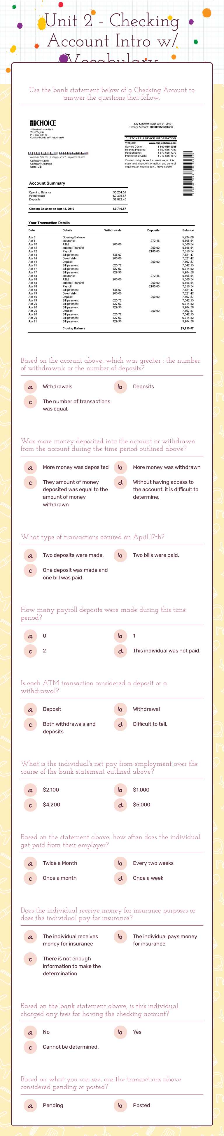 Unit 2 - Checking Account Intro w/ Vocabulary worksheet preview