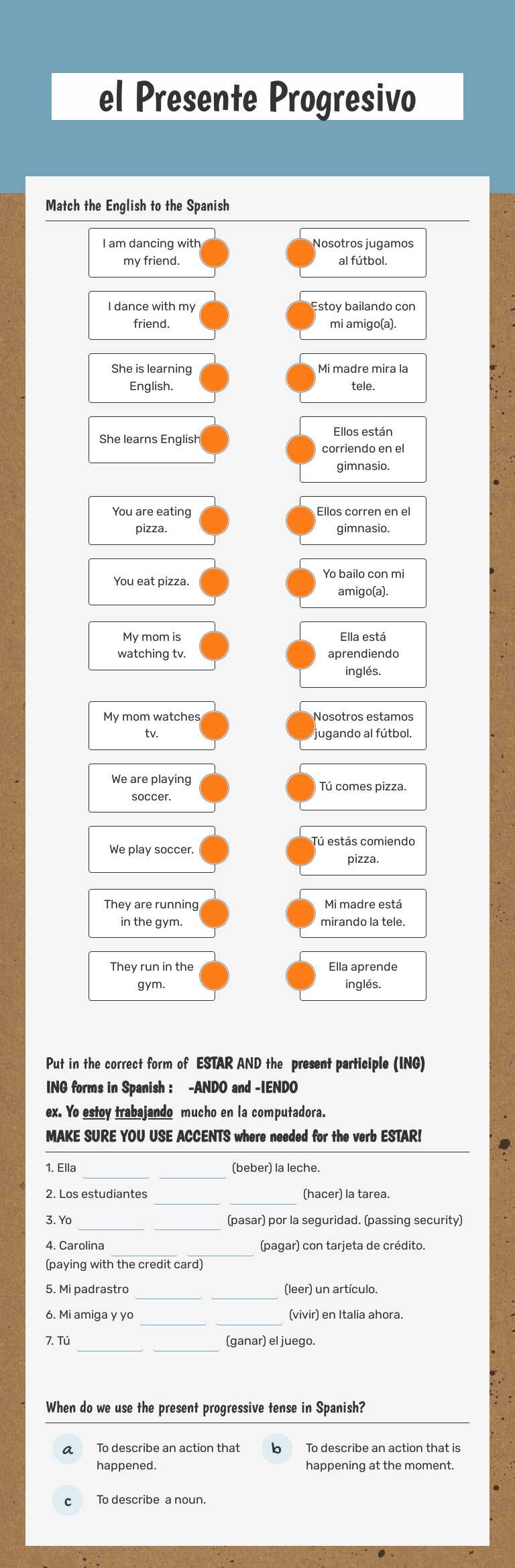 el Presente Progresivo worksheet preview image