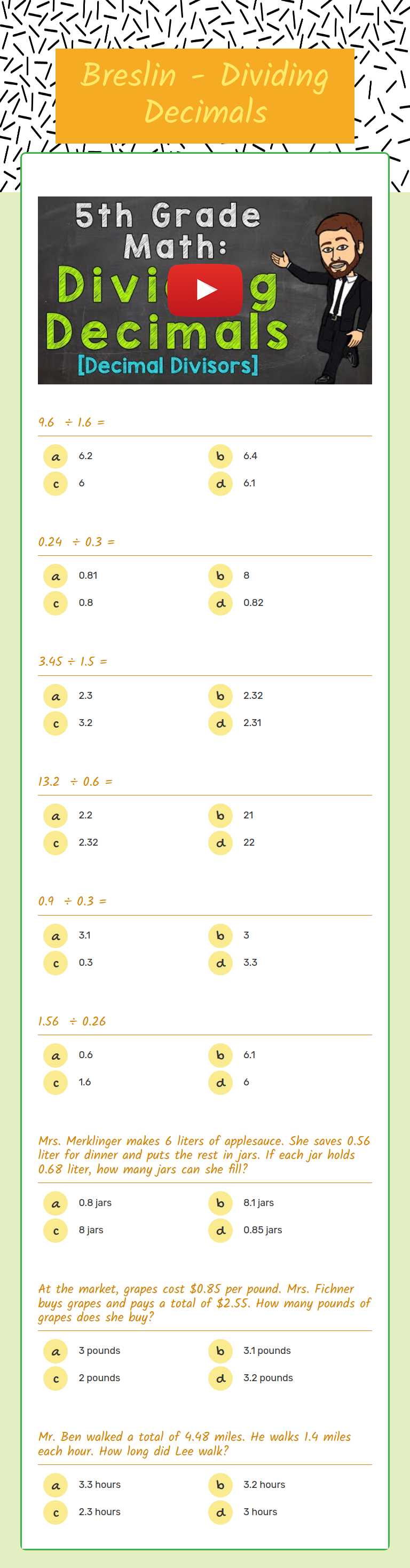 Breslin - Dividing Decimals worksheet preview image
