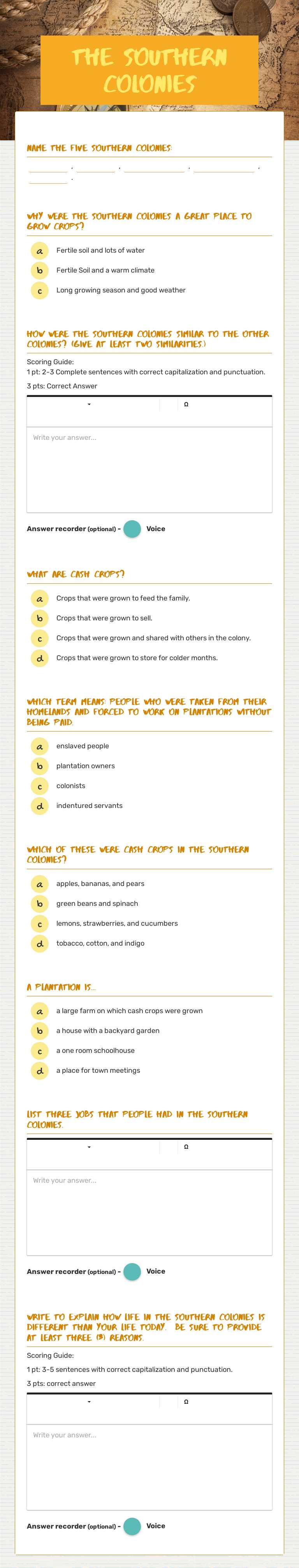The Southern Colonies Grade 4 worksheet preview