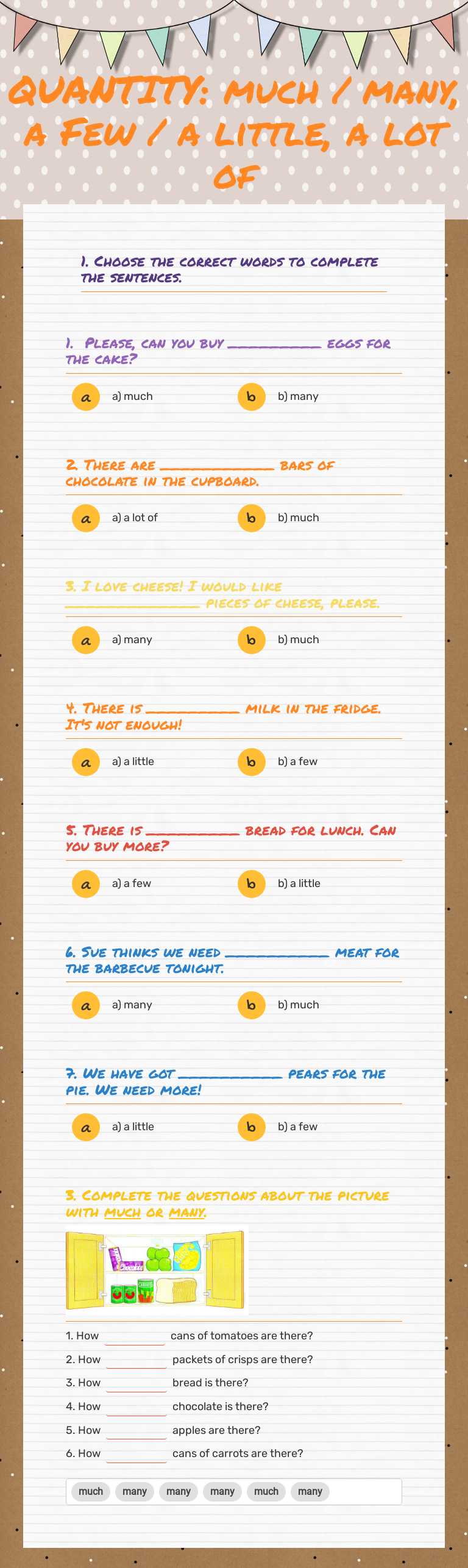 QUANTITY: much / many, a Few / a little, a lot of worksheet preview image