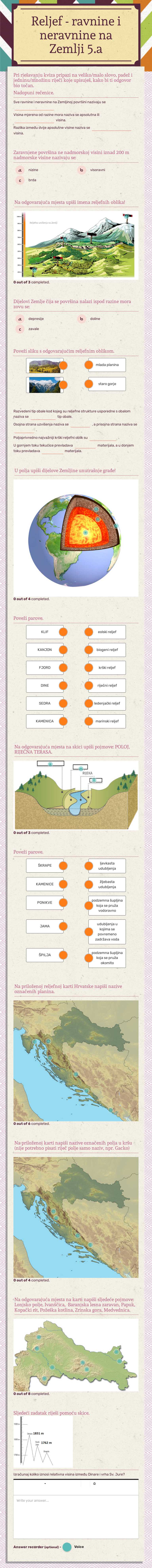 Reljef - ravnine i neravnine na Zemlji  5.a Grade 5 worksheet preview