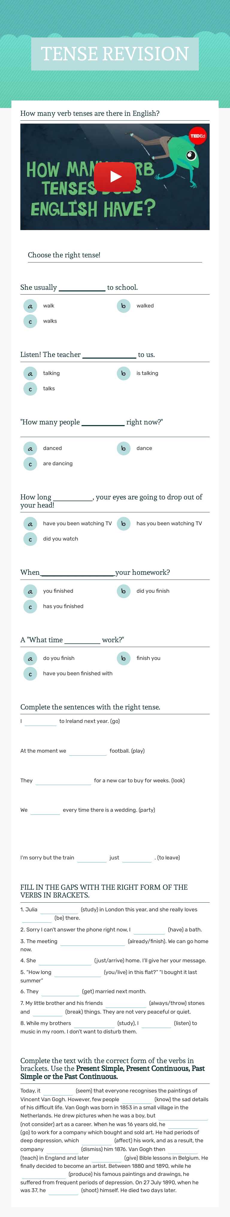 TENSE REVISION worksheet preview image