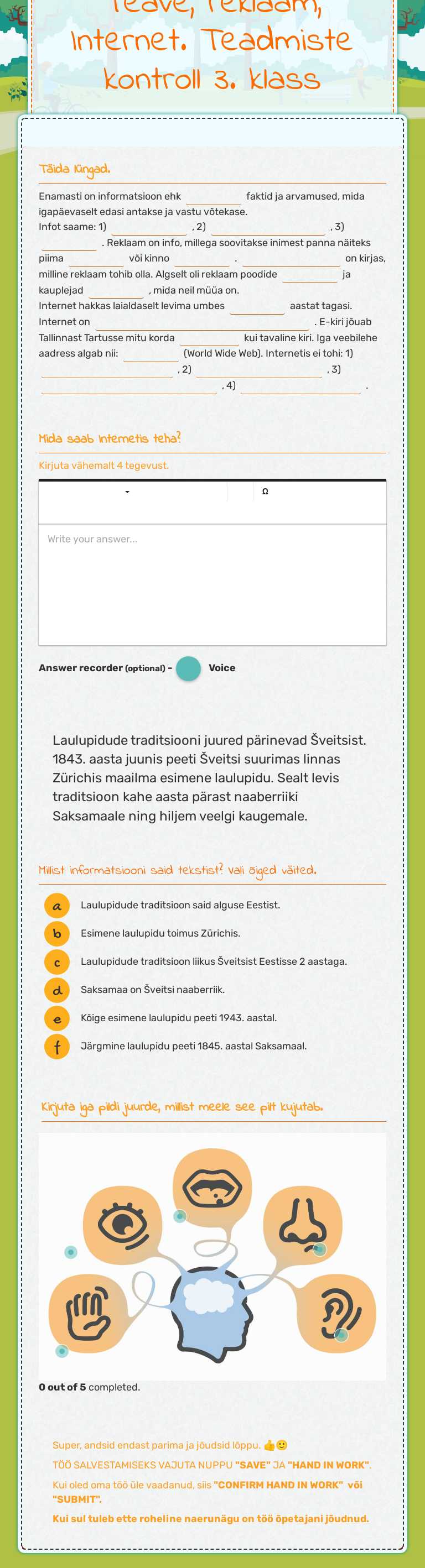 Teave, reklaam, Internet. Teadmiste kontroll
3. klass worksheet preview