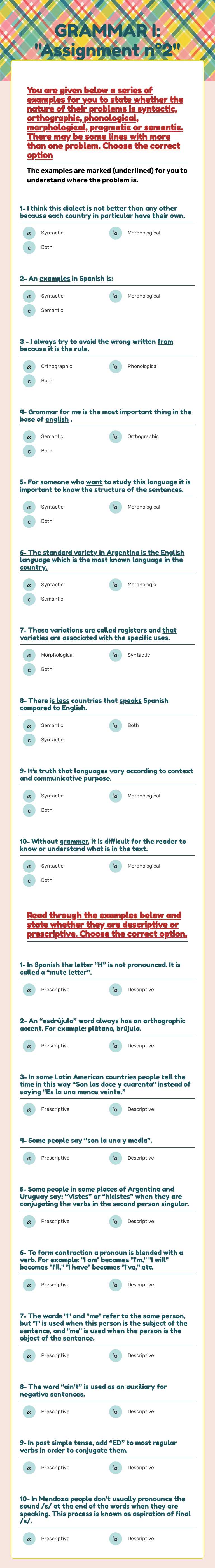 GRAMMAR I: "Assignment n°2" worksheet preview