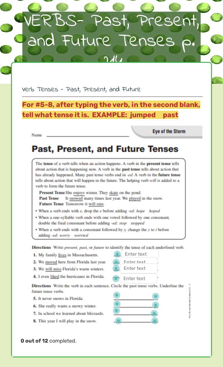 VERBS- Past, Present, and Future Tenses p. 214 worksheet preview image