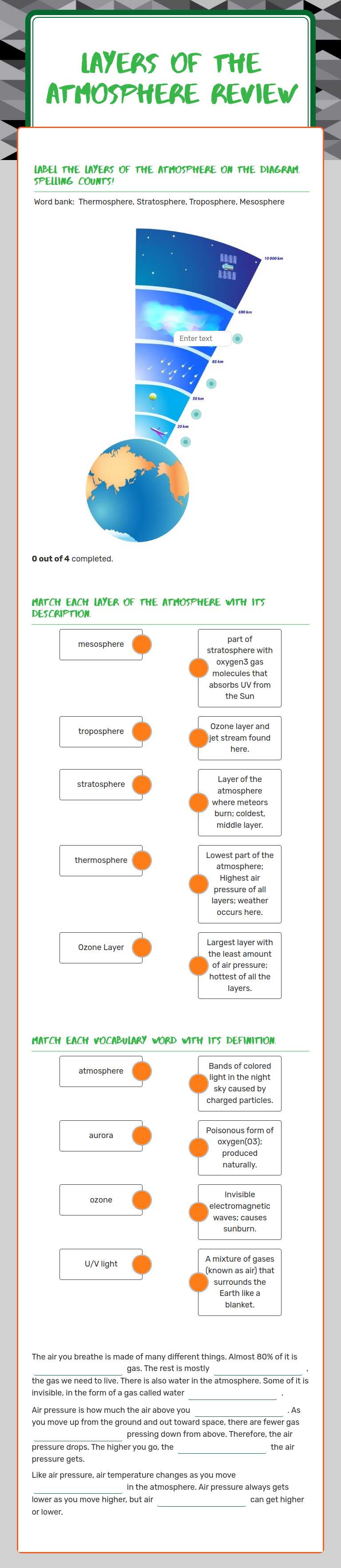 Layers of the Atmosphere REVIEW worksheet preview image